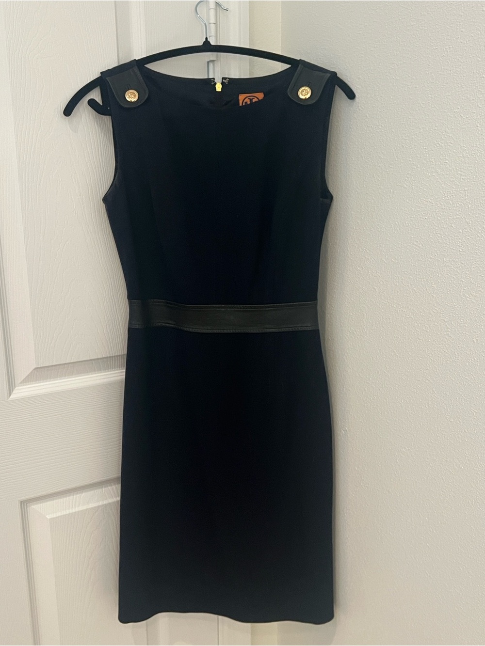 Tory Burch Navy Dress with Black Leather Band and Gold Button Details